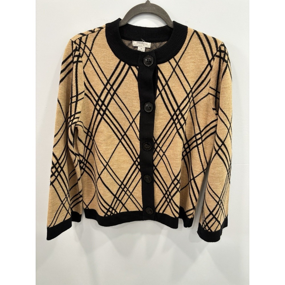 Mercer Street Studio Preppy Academia Plaid Cardigan Sweater M Tan Black Buttons